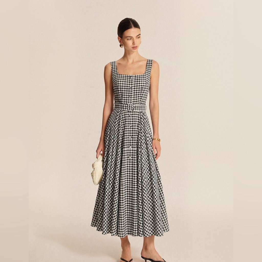 Commense Gingham Square-Neck Midi Dress